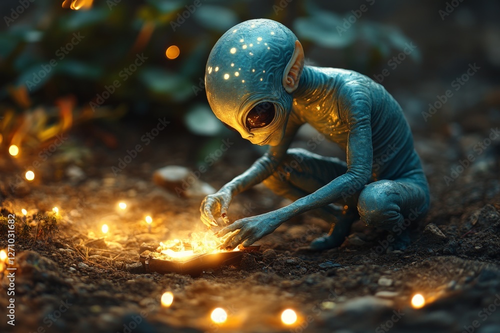 Aufkleber strange extraterrestrial creature interacting with glowing lights in a forest setting during nightti