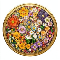 Flower Collage Gold coin flowers illustration pattern.