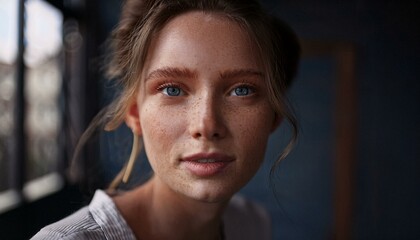 Portrait of a young woman with deep blue eyes