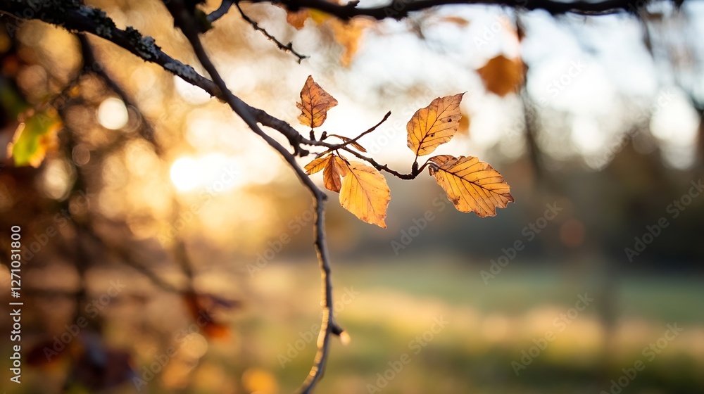 Aufkleber closeup of autumn leaves hanging on a tree branch with sunset background : generative ai