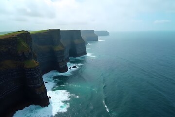 A wide-angle drone shot of the Cliffs of Moher with waves crashing below.