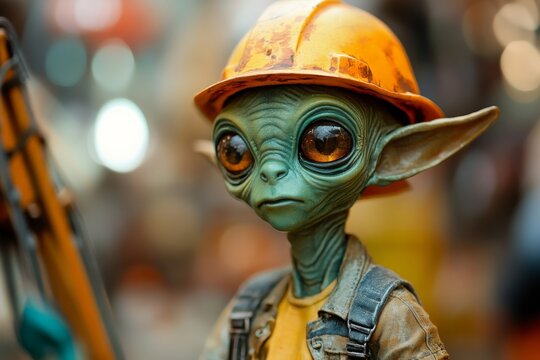 Unusual worker with alien features wearing a hard hat and casual clothing at an industrial site