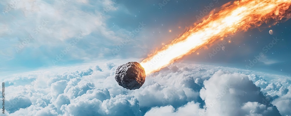 Poster asteroid impact idea. a dramatic meteor streaking through the clouds toward earth in a vivid sky.