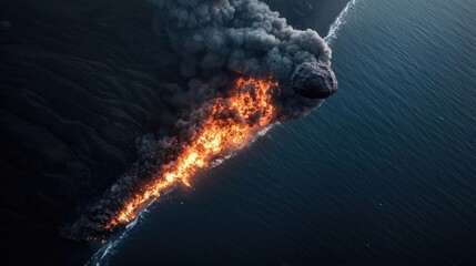 Obraz premium Asteroid impact concept. Aerial view of a coastal wildfire burning, creating smoke and flames over the ocean.
