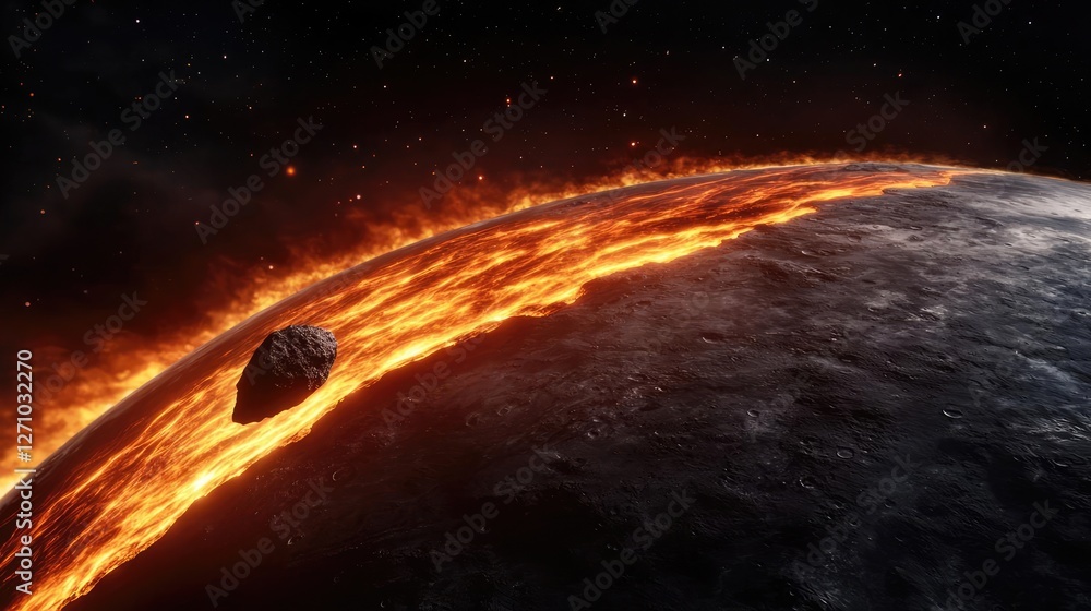 Poster asteroid impact concept. an intense view of a planet's fiery surface with molten lava and asteroids 