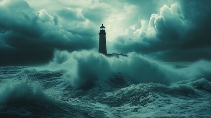 Fototapeta premium Lighthouse in stormy sea, dramatic ocean waves, dark clouds sky, atmospheric coastal scene, inspiring nature artwork