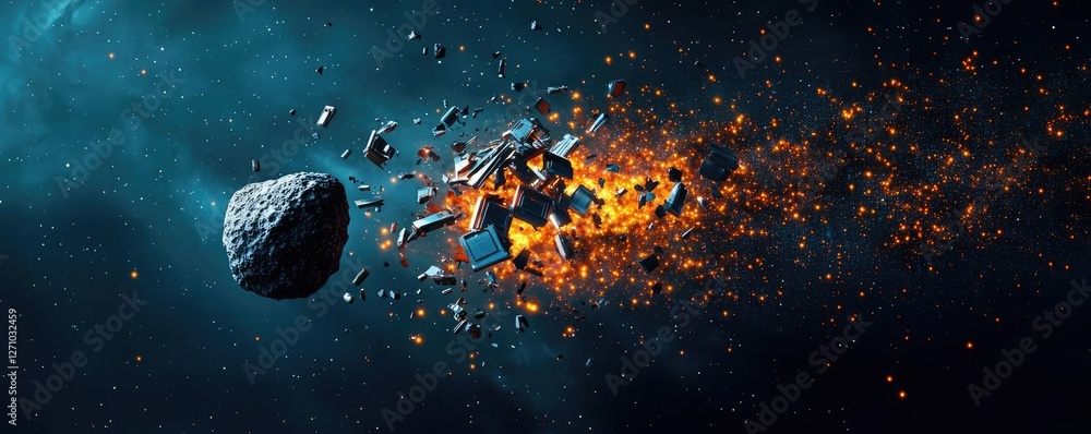Aufkleber Asteroid impact idea. An asteroid breaks apart, creating a spectacular explosion in space.