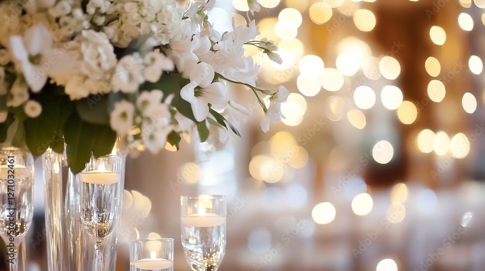 Poster stunning floral arrangement with elegant white flowers and soft candlelight creating a dreamy atmosp