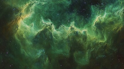 Fototapeta premium Green Outer Space, Nebula Clouds, Stars in Sky, Deep Space, Cosmic Scenery, Universe, Interstellar Clouds, Space Background