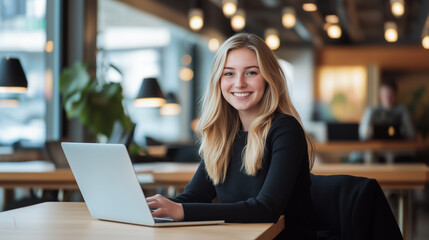 Fototapeta premium young female student studies remotely on a laptop in a cozy cafe. student attends online classes, takes notes, and completes assignments. A focused student enjoys the flexibility of remote learning.