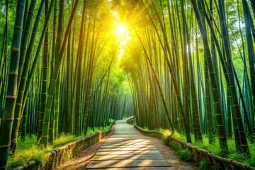 Sunlight streams through a lush bamboo forest, creating a serene and peaceful Asian landscape.