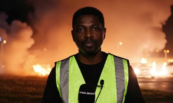 Live news coverage in the middle of urban unrest. reporter stands before burning vehicles, capturing the violent protests. flames and smoke intensify the tension as  journalist delivers breaking news