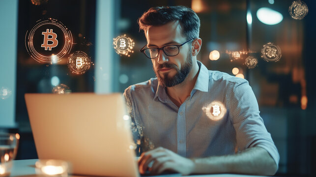 Man working on a laptop in a trendy café with a backdrop of glowing bitcoin icons