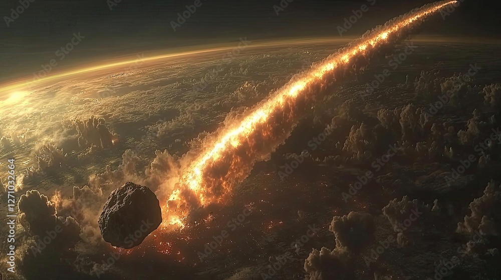 Poster asteroid impact concept. a stunning meteor streaking across the atmosphere with fiery trails.