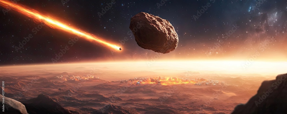 Poster Asteroid impact idea. A dynamic scene of a meteor streaking through space near a distant planet.