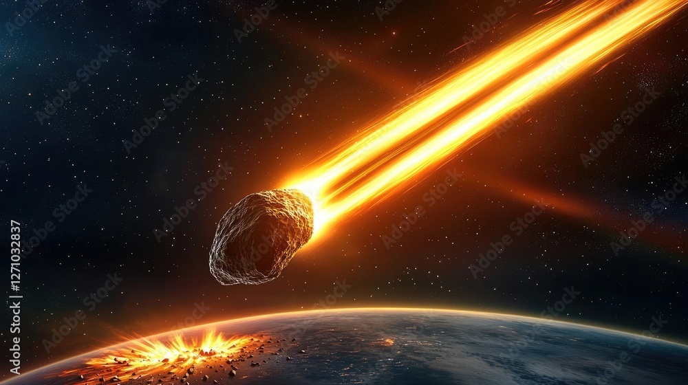 Poster asteroid impact concept. a stunning depiction of an asteroid approaching earth, creating a fiery imp