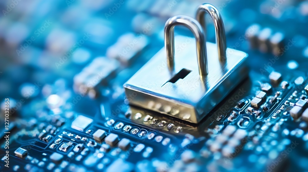Poster Macro closeup of a silver padlock resting on a computer circuit board with intricate details and blue lights : Generative AI