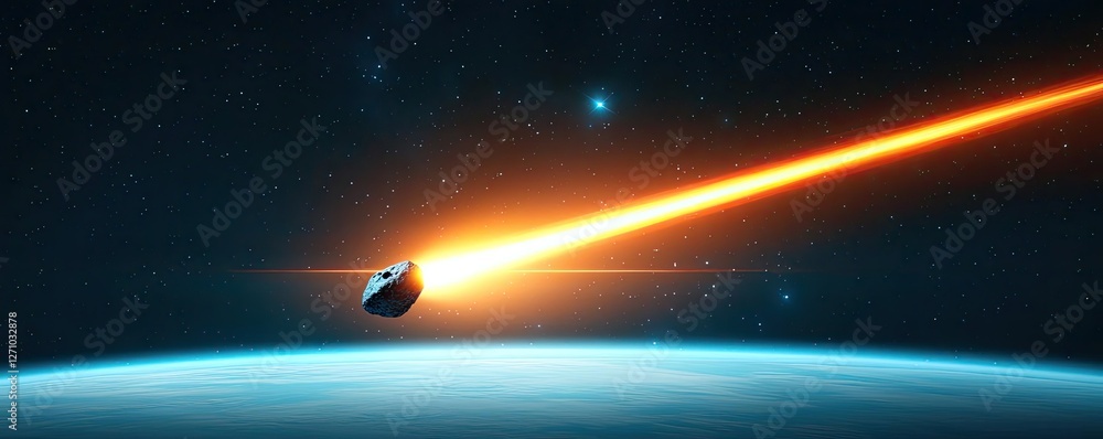 Poster asteroid impact concept. a stunning depiction of a comet approaching earth, showcasing vibrant color