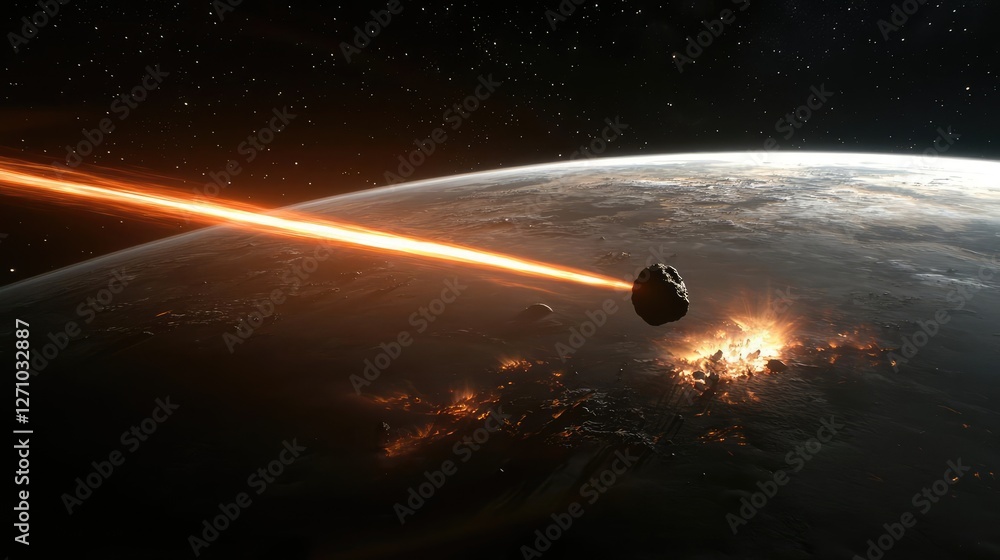 Aufkleber asteroid impact concept. a dramatic view of an asteroid impact with a fiery explosion on a distant p