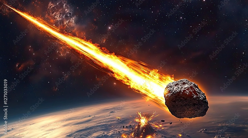 Poster asteroid impact concept. a fiery meteor streaks through space towards earth, showcasing cosmic pheno