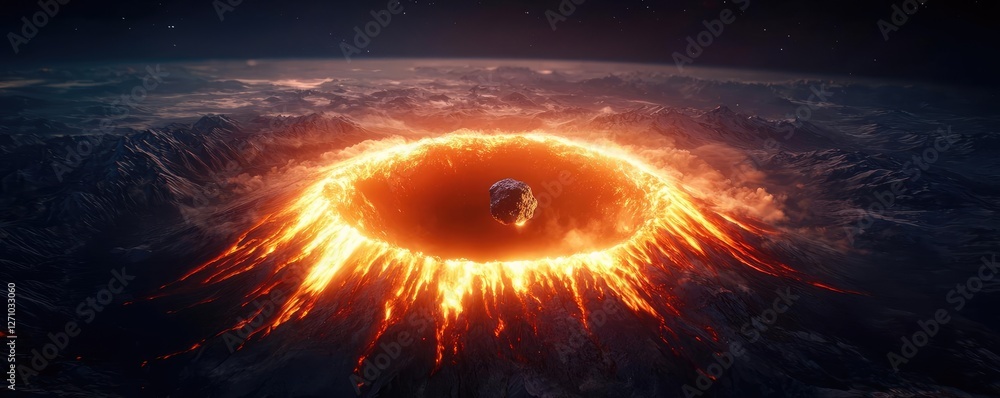 Poster asteroid impact idea. a dramatic view of an asteroid impact creating fiery effects in space.