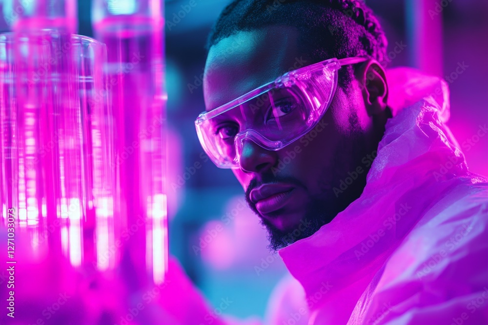 Poster scientist working in a laboratory with colorful glassware and safety gear during an experiment at ni