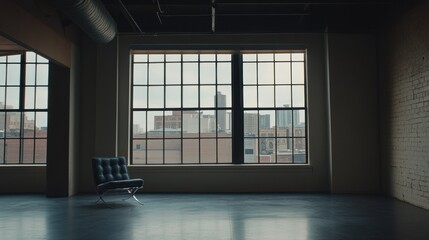 Modern chair in empty urban loft with skyline view