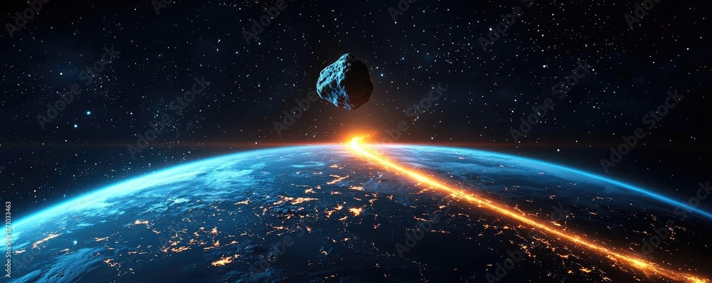 Poster Asteroid impact idea. Stunning view of Earth with an asteroid and a vibrant sunrise glowing in space.