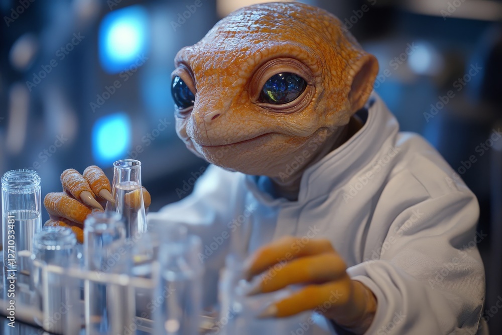 Poster unique alien character engaging in scientific experimentation in a futuristic laboratory setting