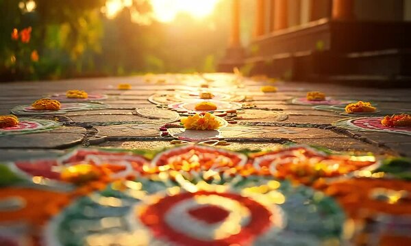 An intricate rangoli pattern made of colorful powders and marigold flowers decorates the entrance of a traditional home at sunrise.
