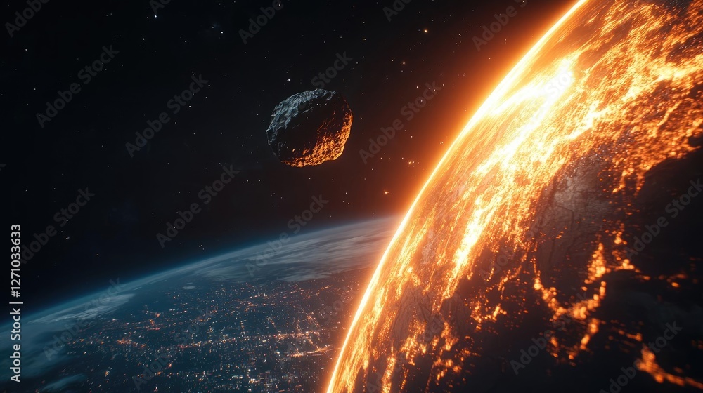 Poster Asteroid impact idea. A stunning view of a planet with fiery landscapes and asteroids in outer space.