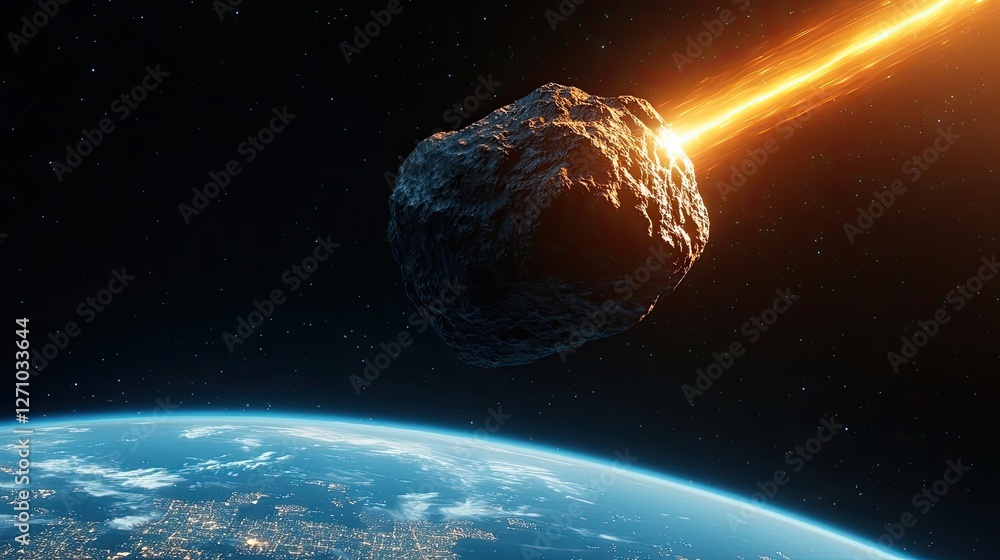 Poster asteroid impact idea. a spectacular view of an asteroid approaching earth with a fiery tail.