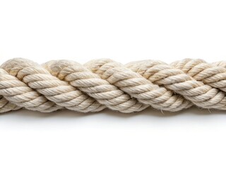 Fototapeta premium Textured white jute rope, a detailed macro shot highlighting its nautical character and thick natural fibers on a white backdrop.