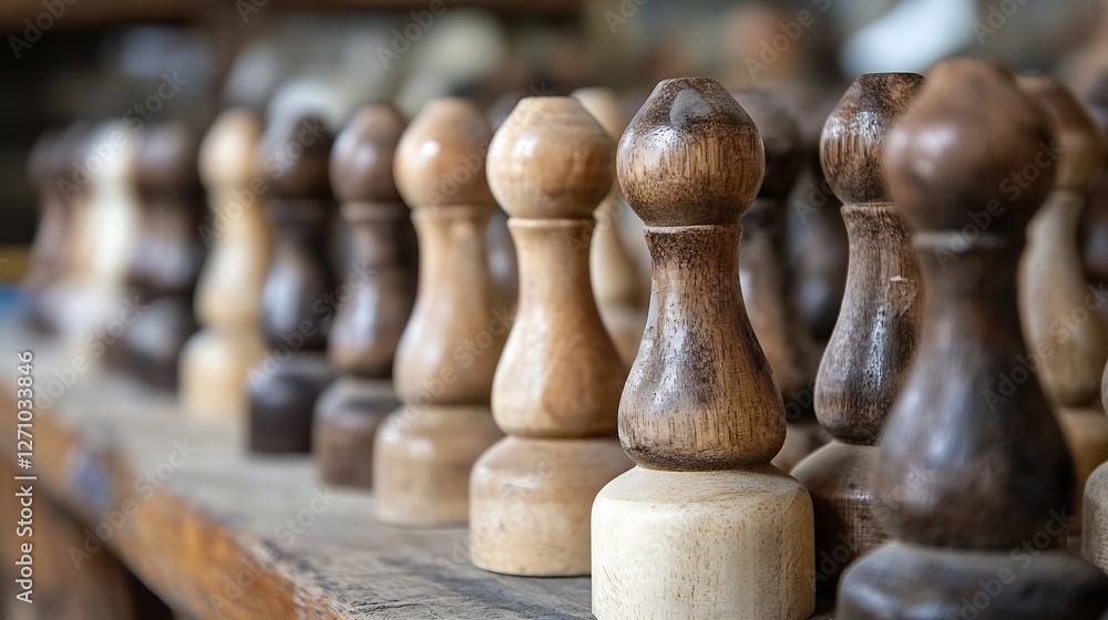 Poster Close Up View of Various Wooden Chess Pieces Arranged on a Rustic Table : Generative AI
