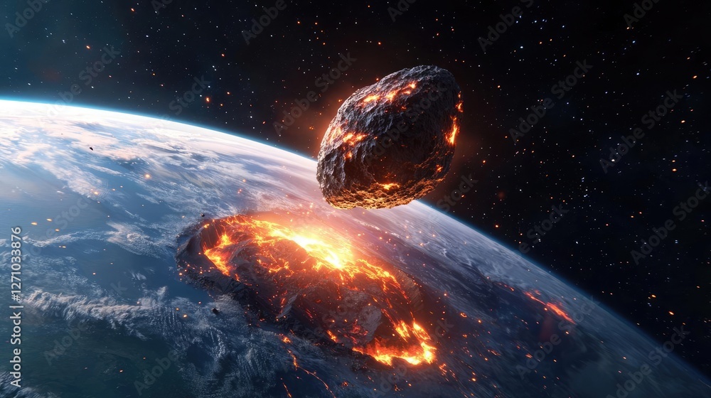 Aufkleber asteroid impact idea. a dramatic asteroid impact scene with fiery explosion on earth.