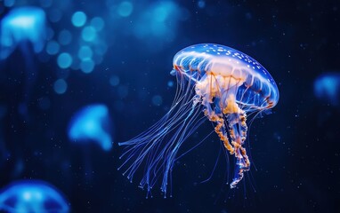 A glowing jellyfish drifting through deep blue waters