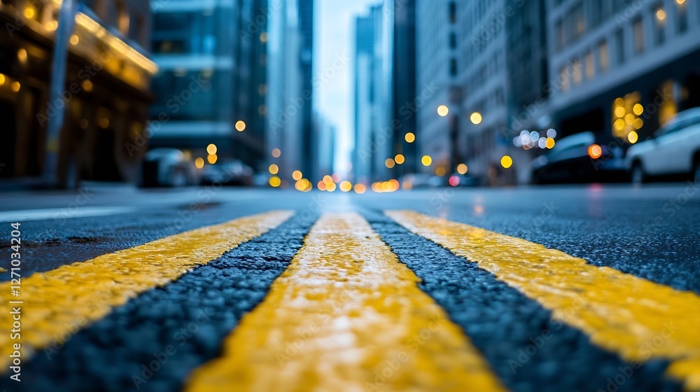 Poster street view of wet road with yellow lines in a busy city setting at dusk : generative ai