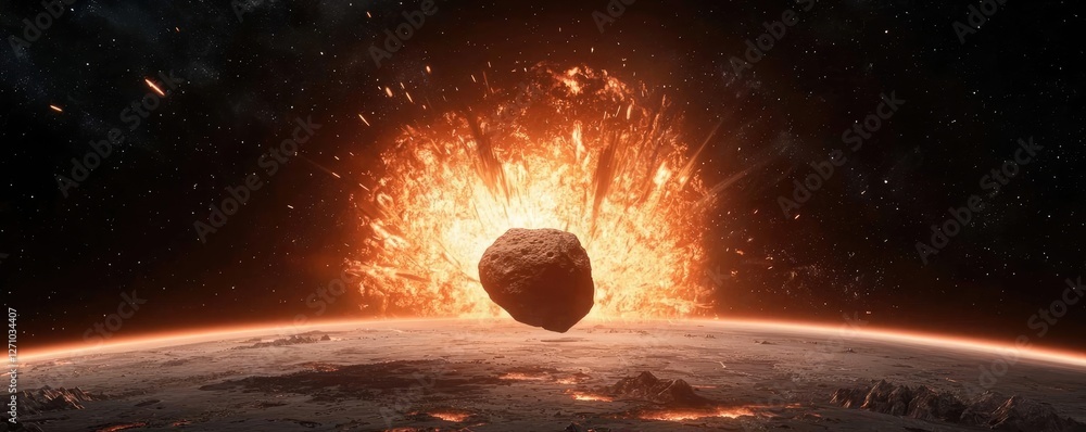Poster Asteroid impact idea. A dramatic scene of an asteroid colliding with a planet, showcasing destruction and chaos.