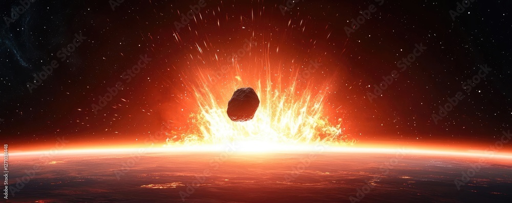 Poster Asteroid impact idea. Asteroid impact on Earth creating a dramatic explosion in space image.
