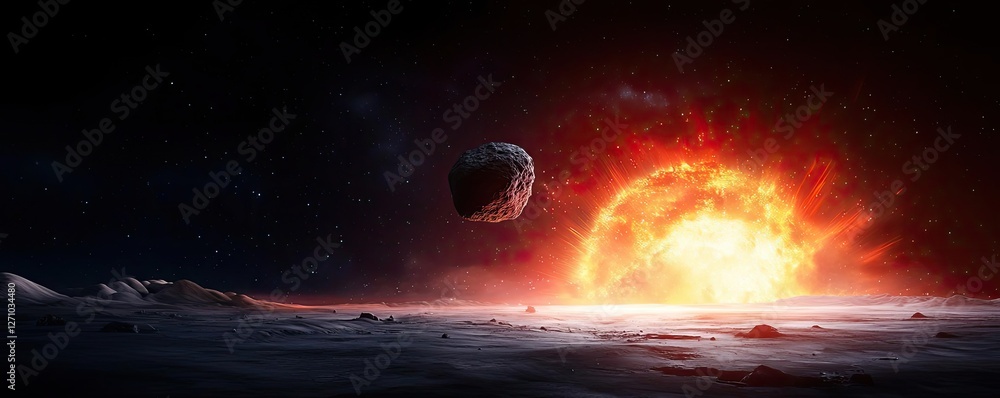 Poster asteroid impact idea. a stunning view of an asteroid near a vibrant sun in deep space.
