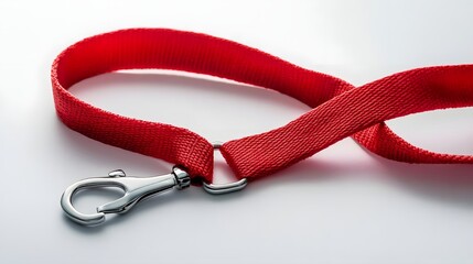 Close-up of a vibrant red dog leash with a silver clip, showcasing its texture and design