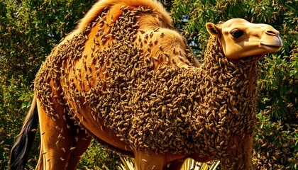 Camel standing in a golden-lit forest with a partially covered body of honeybees, showcasing an extraordinary interaction between insects and animals.