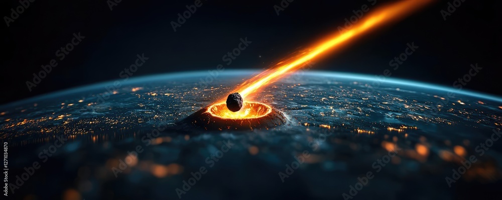 Poster asteroid impact concept. a spectacular cosmic event featuring a meteor striking the planet's surface