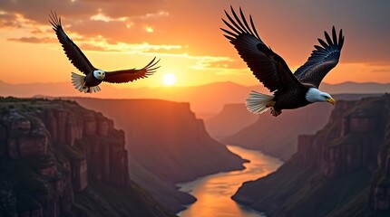 Fototapeta premium Majestic Eagles in Flight over Canyon Sunset