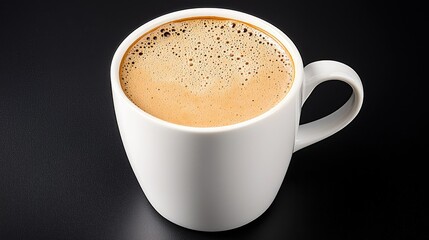 White coffee cup full of espresso on black background