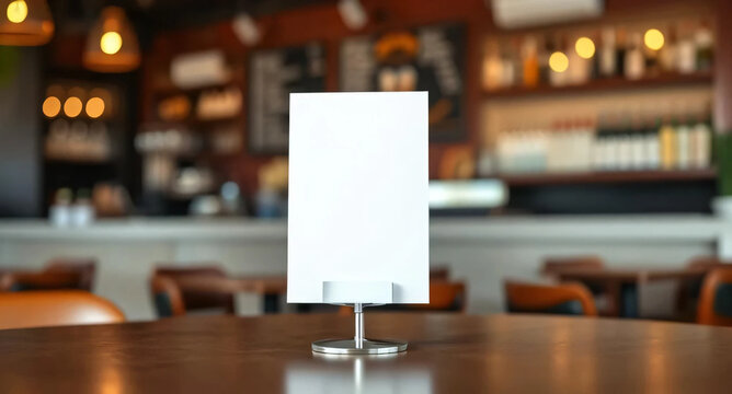 Mock up Blank menu card table tent on blurred cafe bar background