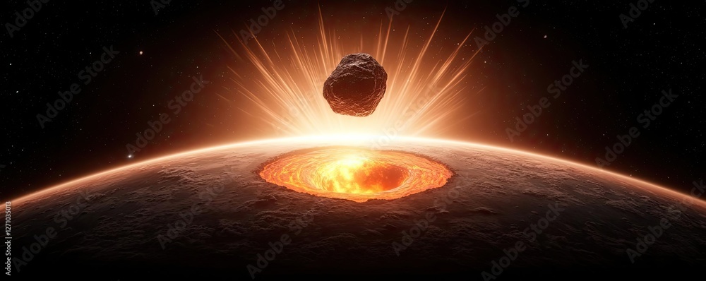 Poster asteroid impact idea. a dramatic cosmic event showcasing an asteroid colliding with a planetary surf