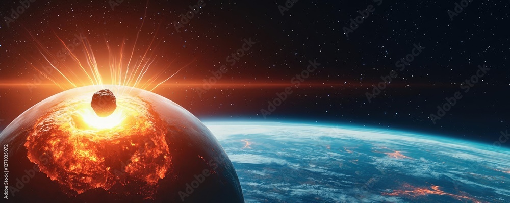 Poster Asteroid impact idea. A stunning view of a celestial event with a planet and the sun's rays illuminating space.