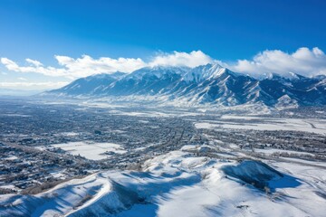 Wasatch Mountain Range: Snow Capped Peaks and Urban Cities in Winter Aerial View