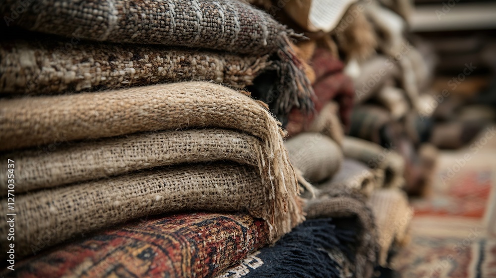 Aufkleber Elegant Display of Various Handwoven Rugs of Different Textures and Patterns in a Warm Interior Setting : Generative AI